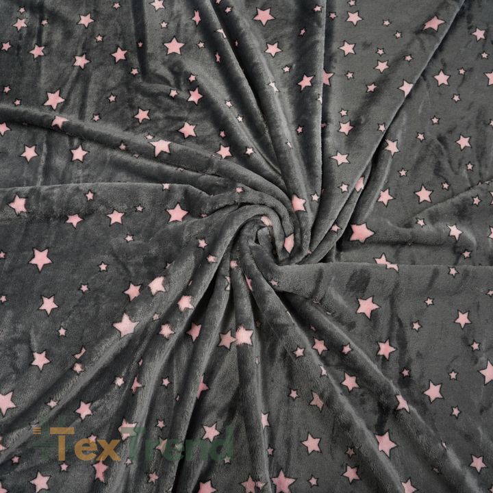 Kuschelfleece Stoff – Kinder Muster - rosa Sterne auf grafitfarbenem Hintergrund