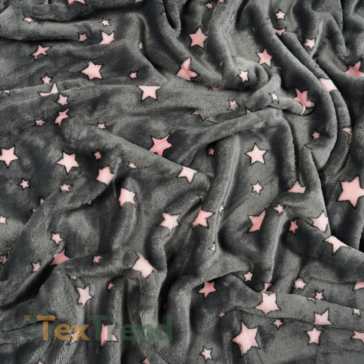 Kuschelfleece Stoff – Kinder Muster - rosa Sterne auf grafitfarbenem Hintergrund