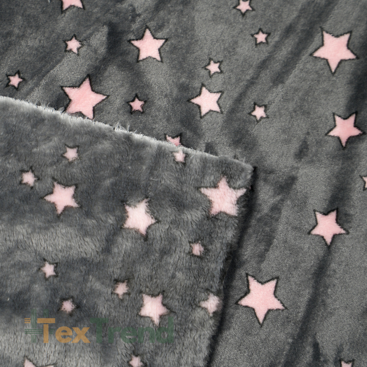 Kuschelfleece Stoff – Kinder Muster - rosa Sterne auf grafitfarbenem Hintergrund