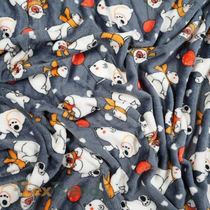 Kuschelfleece Stoff – Kinder Muster - Eisbären mit Luftballons auf dunkelgrauem Hintergrund