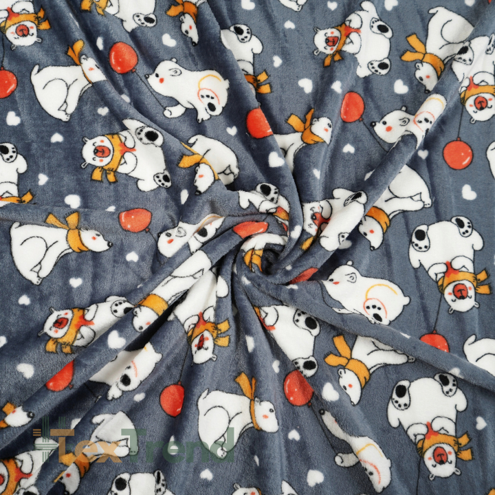 Kuschelfleece Stoff – Kinder Muster - Eisbären mit Luftballons auf dunkelgrauem Hintergrund