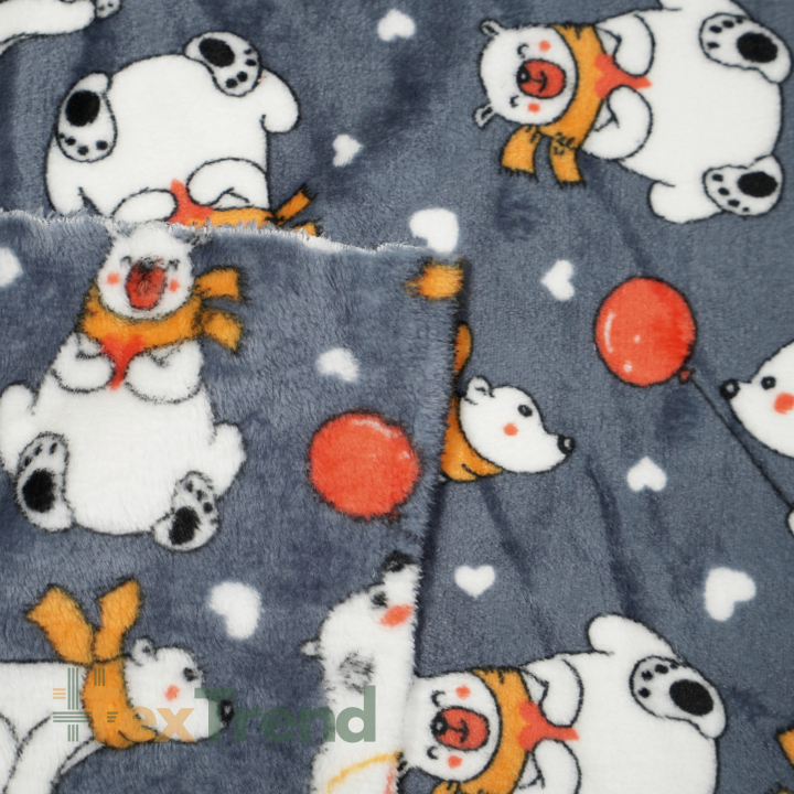 Kuschelfleece Stoff – Kinder Muster - Eisbären mit Luftballons auf dunkelgrauem Hintergrund
