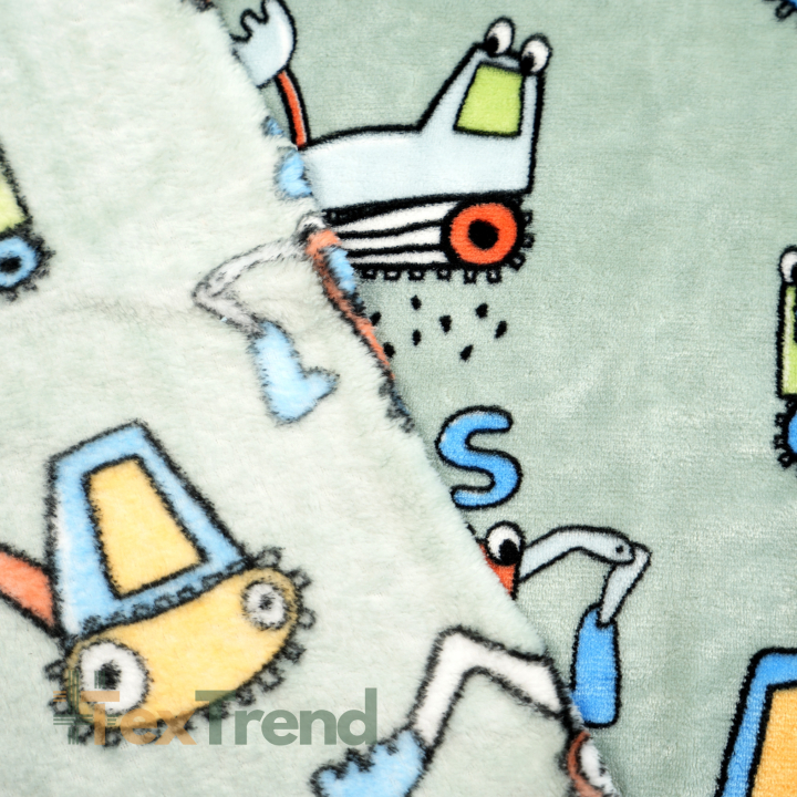 Kuschelfleece Stoff – Kinder Muster - Bagger auf grau-mint Hintergrund