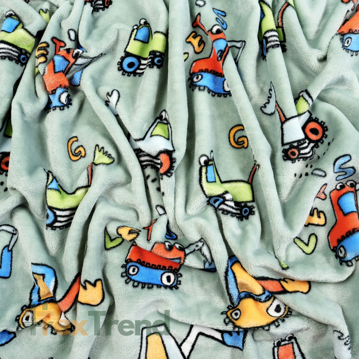 Kuschelfleece Stoff – Kinder Muster - Bagger auf grau-mint Hintergrund