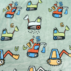 Kuschelfleece Stoff – Kinder Muster - Bagger auf grau-mint Hintergrund