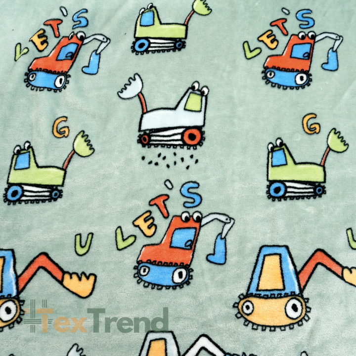 Kuschelfleece Stoff – Kinder Muster - Bagger auf grau-mint Hintergrund