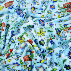 Kuschelfleece Stoff – Kinder Muster - kaschubisches Muster bunt auf blauem Hintergrund