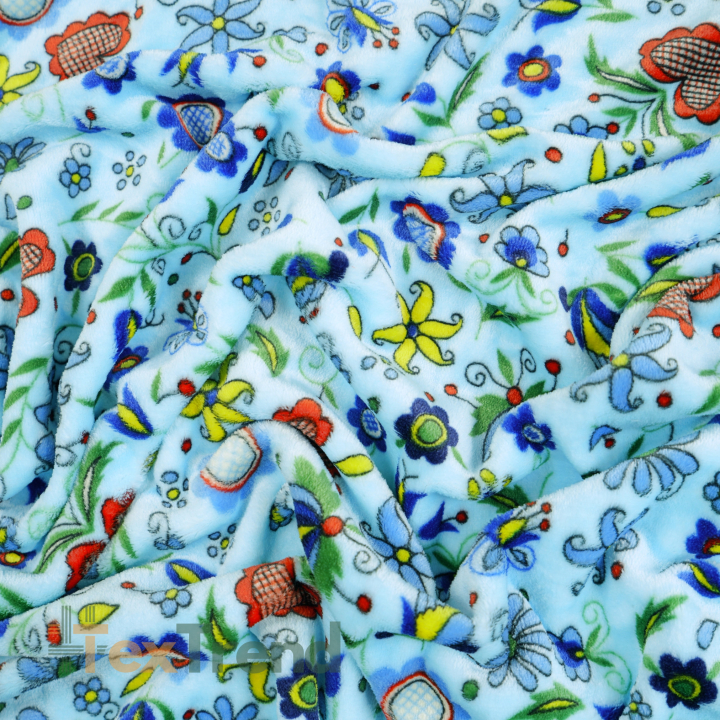 Kuschelfleece Stoff – Kinder Muster - kaschubisches Muster bunt auf blauem Hintergrund