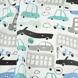 Baumwoll Mullstoff - Autos grau-türkis auf weißem Hintergrund