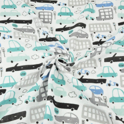 Baumwoll Mullstoff - Autos grau-türkis auf weißem Hintergrund