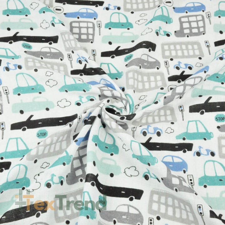 Baumwoll Mullstoff - Autos grau-türkis auf weißem Hintergrund