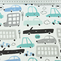 Baumwoll Mullstoff - Autos grau-türkis auf weißem Hintergrund