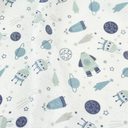 Baumwoll Mullstoff - MINI Weltraum blau auf weißem Hintergrund