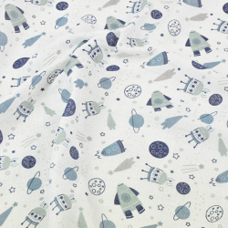 Baumwoll Mullstoff - MINI Weltraum blau auf weißem Hintergrund