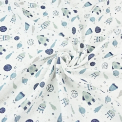 Baumwoll Mullstoff - MINI Weltraum blau auf weißem Hintergrund