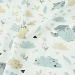 Baumwoll Mullstoff - Eulen mit Hasen beige-grau auf weißem Hintergrund