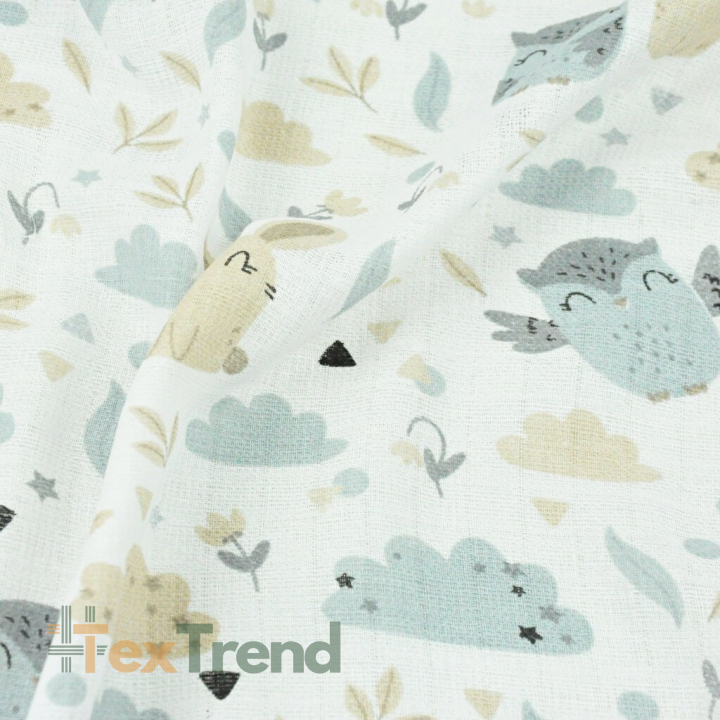 Baumwoll Mullstoff - Eulen mit Hasen beige-grau auf weißem Hintergrund
