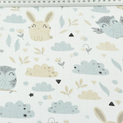 Baumwoll Mullstoff - Eulen mit Hasen beige-grau auf weißem Hintergrund