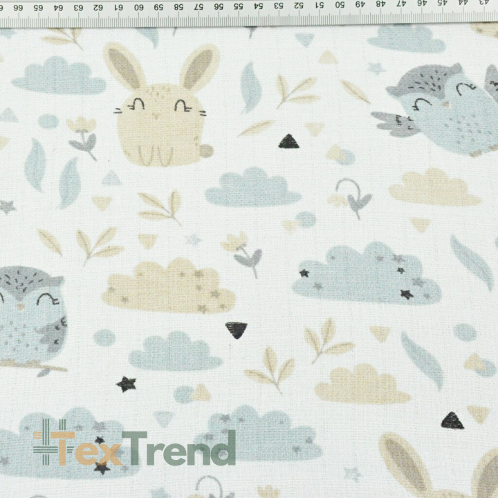 Baumwoll Mullstoff - Eulen mit Hasen beige-grau auf weißem Hintergrund