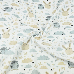 Baumwoll Mullstoff - Eulen mit Hasen beige-grau auf weißem Hintergrund