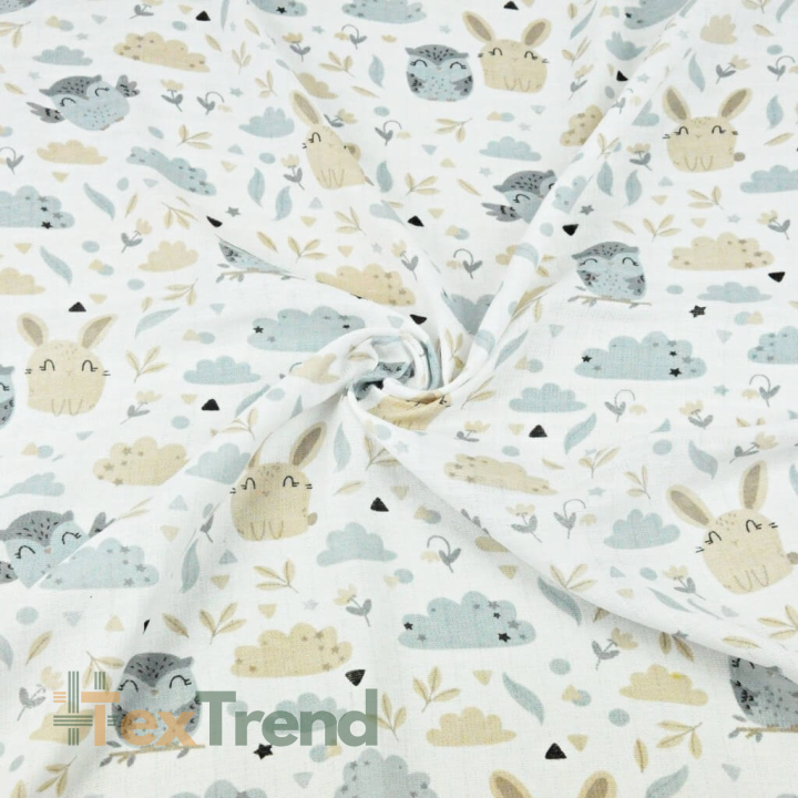 Baumwoll Mullstoff - Eulen mit Hasen beige-grau auf weißem Hintergrund