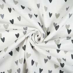 Baumwoll Mullstoff - Herzen Grau auf Weißem Hintergrund
