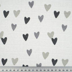 Baumwoll Mullstoff - Herzen Grau auf Weißem Hintergrund