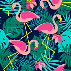 Wasserdichter Stoff / Outdoorstoff – strapazierfähig – rosa Flamingos auf dunkelblau-grünem Hintergrund