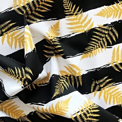Wasserdichter Stoff / Outdoorstoff – strapazierfähig – goldene Farnblätter auf schwarz-weißen Streifen