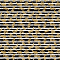 Wasserdichter Stoff / Outdoorstoff – strapazierfähig – goldene Farnblätter auf schwarz-weißen Streifen