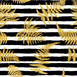 Wasserdichter Stoff / Outdoorstoff – strapazierfähig – goldene Farnblätter auf schwarz-weißen Streifen