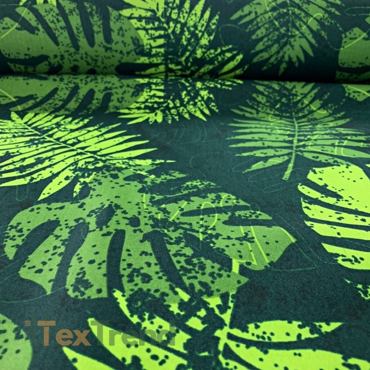 Wasserdichter Stoff / Outdoorstoff – strapazierfähig – hellgrüne Monstera-Blätter auf dunkelgrünem Hintergrund