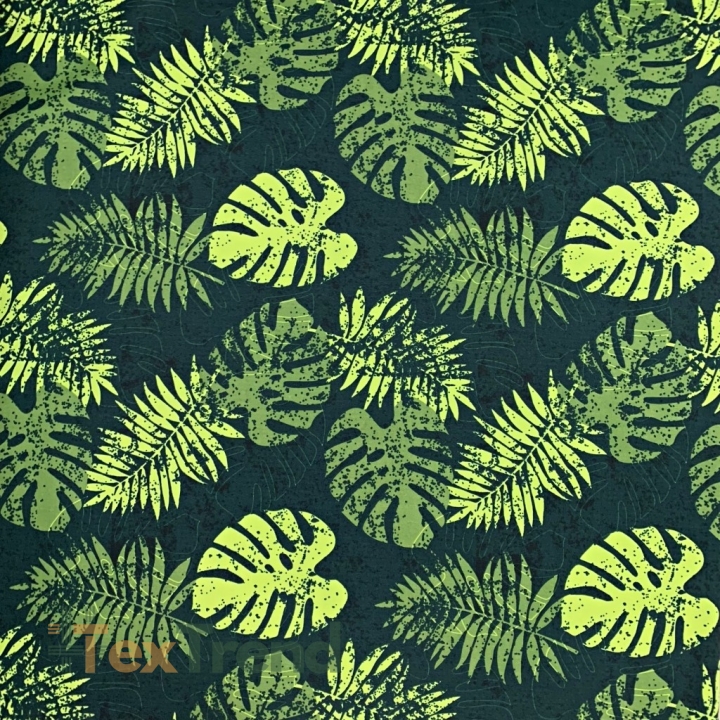 Wasserdichter Stoff / Outdoorstoff – strapazierfähig – hellgrüne Monstera-Blätter auf dunkelgrünem Hintergrund