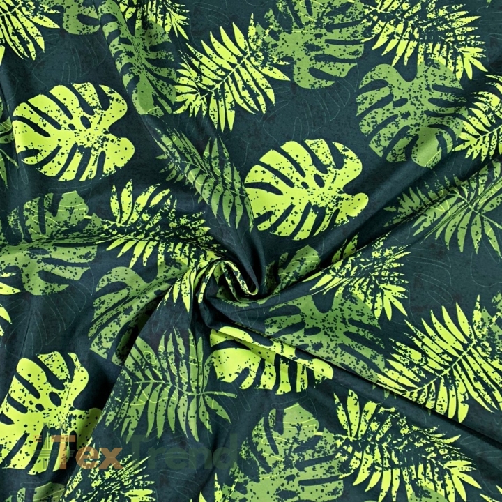 Wasserdichter Stoff / Outdoorstoff – strapazierfähig – hellgrüne Monstera-Blätter auf dunkelgrünem Hintergrund