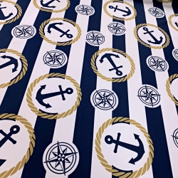 Wasserdichter Stoff / Outdoorstoff – strapazierfähig – maritimes Streifenmuster mit Ankern in weiß-dunkelblau