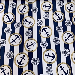 Wasserdichter Stoff / Outdoorstoff – strapazierfähig – maritimes Streifenmuster mit Ankern in weiß-dunkelblau