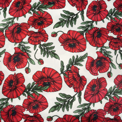 Cordura Stoff / Oxford Stoff – wasserdicht – Mohnblumen auf weißem Hintergrund