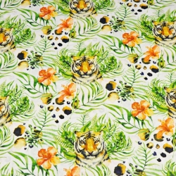 100 % Baumwolle, Tiger mit Blättern und Blumen auf weißem Hintergrund