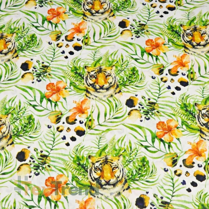 100 % Baumwolle, Tiger mit Blättern und Blumen auf weißem Hintergrund