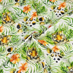 100 % Baumwolle, Tiger mit Blättern und Blumen auf weißem Hintergrund