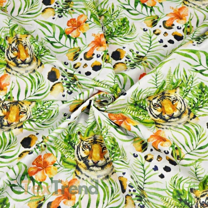 100 % Baumwolle, Tiger mit Blättern und Blumen auf weißem Hintergrund