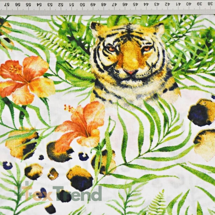100 % Baumwolle, Tiger mit Blättern und Blumen auf weißem Hintergrund