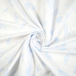 100 % Baumwolle, blaue Tiere auf weißem Hintergrund