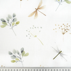 100% Baumwolle mit Libellen und Blättern auf weißem Hintergrund