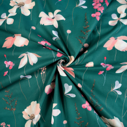 100% Baumwolle mit lachsfarbenen Blumen auf dunkelgrünem Hintergrund - 220 cm