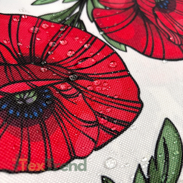 Cordura Stoff / Oxford Stoff – wasserdicht – Mohnblumen auf weißem Hintergrund