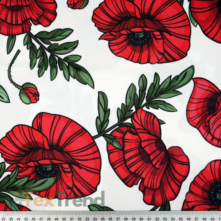 Cordura Stoff / Oxford Stoff – wasserdicht – Mohnblumen auf weißem Hintergrund