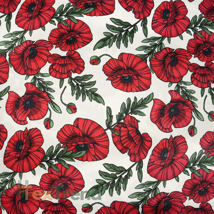 Cordura Stoff / Oxford Stoff – wasserdicht – Mohnblumen auf weißem Hintergrund