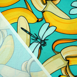 Cordura Stoff / Oxford Stoff – wasserdicht – Bananen und Libellen auf türkisfarbenem Hintergrund