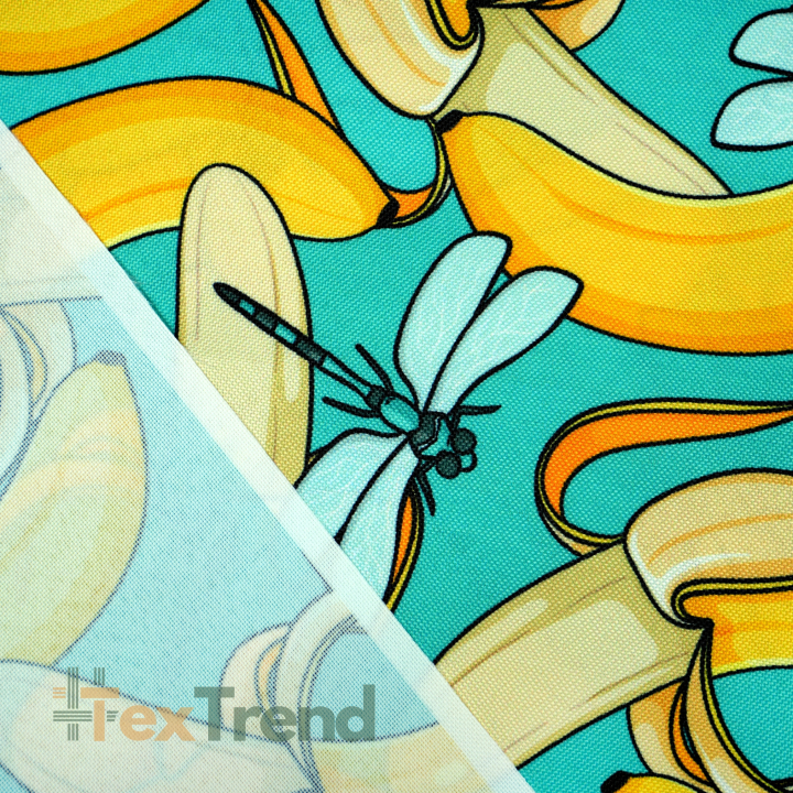 Cordura Stoff / Oxford Stoff – wasserdicht – Bananen und Libellen auf türkisfarbenem Hintergrund